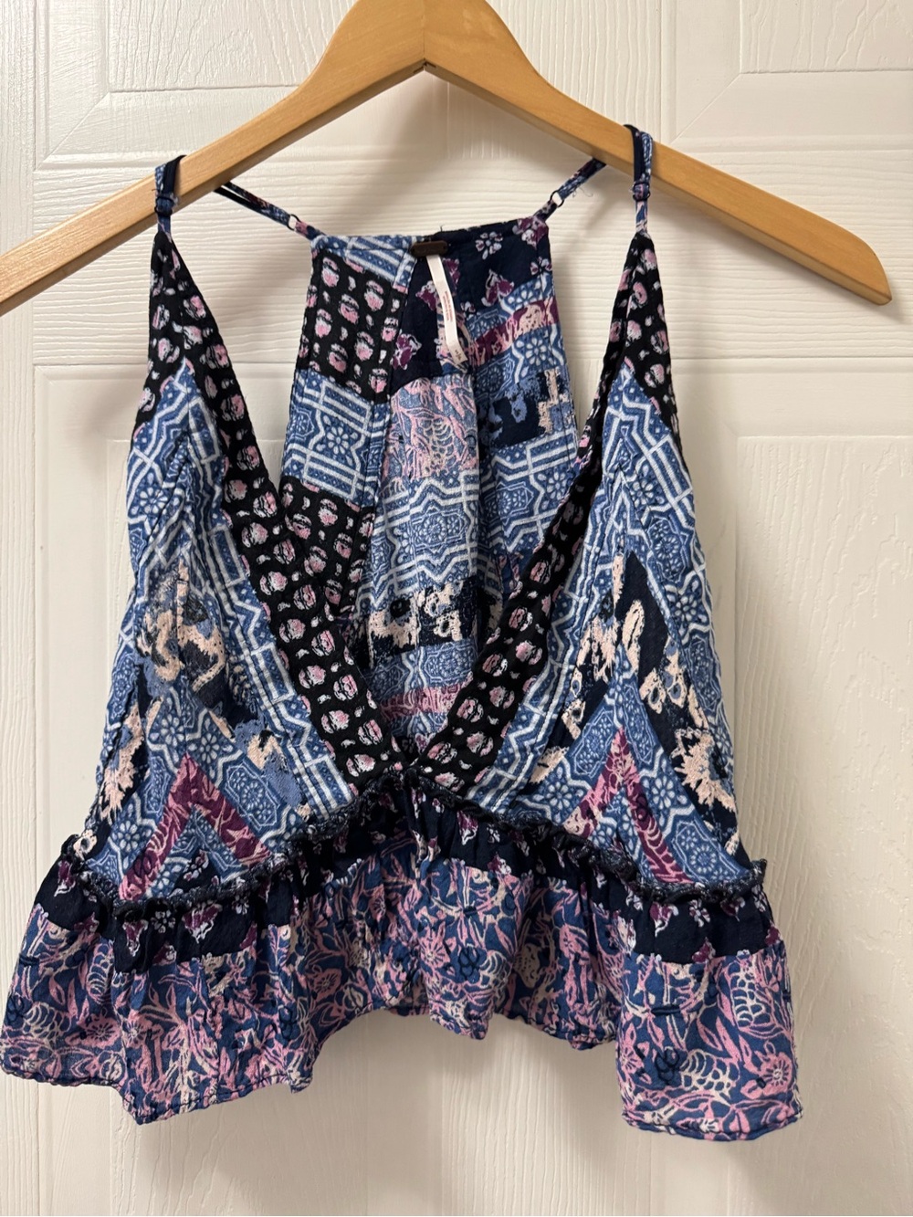 Free People Blue Patterned Deep V Ruffle Cami - Picture 2 of 8